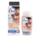 نمای کناری کرم ضد آفتاب رنگی پیکسل، SPF ۵۰، مدل GOLDEN BEIGE، مناسب پوست های آکنه دار و چرب با تنالیته تیره حجم ۵۰ میلی لیتر،