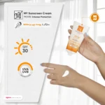 نمای کناری کرم ضدآفتاب بی رنگ مای SPF۳۰ مدل Intense Protection، مناسب پوست های مختلط و چرب، حجم ۵۰ میلی گرم اصل عمق قاب و پرو