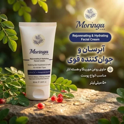 نمای بسته بندی آبرسان و جوان کننده صورت مورینگا مناسب برای انواع پوست 50 میلی لیتر برچسب و بسته بندی