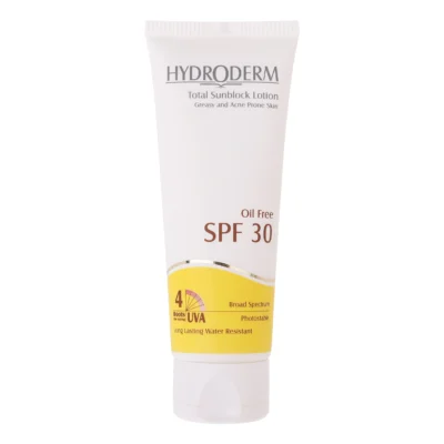 نمای کناری لوسیون ضدآفتاب هیدرودرم سری فاقد چربی SPF۳۰، حجم ۷۵ میلی لیتر اصل عمق قاب و پروفایل