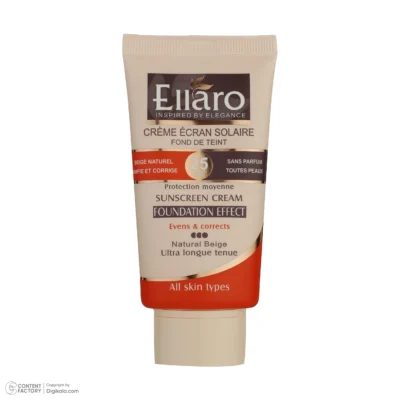 نمای بسته بندی کرم ضد آفتاب رنگی الارو SPF۲۵ سری Foundation Effect مدل Natural Beige مناسب انواع پوست تحت لیسانس حجم ۴۰ میلی