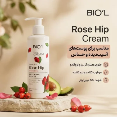 نمای بسته بندی کرم مرطوب کننده صورت و دست بیول مدل Rose Hip مناسب پوست های حساس آسیب دیده حجم 250 میلی لیتر برچسب و بسته بندی