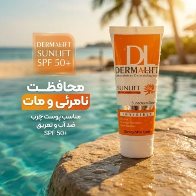 نمای کناری کرم ضدآفتاب بی رنگ درمالیفت مدل SPF۵۰، مناسب پوست های چرب، حجم ۴۰ میلی لیتر اصل عمق قاب و پروفایل