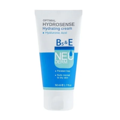 نمای بسته بندی کرم مرطوب کننده نئودرم مدل Optimal Hydrosense حجم 50 میلی لیتر بسته ۲ عددی برچسب و بسته بندی