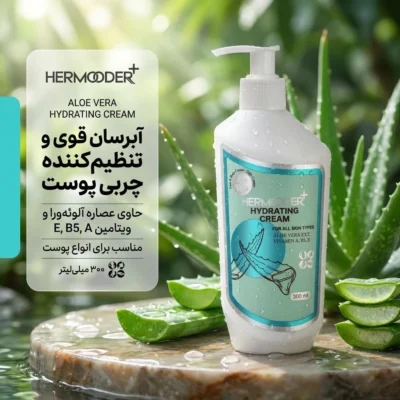 نمای بسته بندی کرم آبرسان هرمودر مدل ALOE VERA مناسب برای پوست حجم 300 میلی لیتر جزئیات برچسب و پرداخت بسته