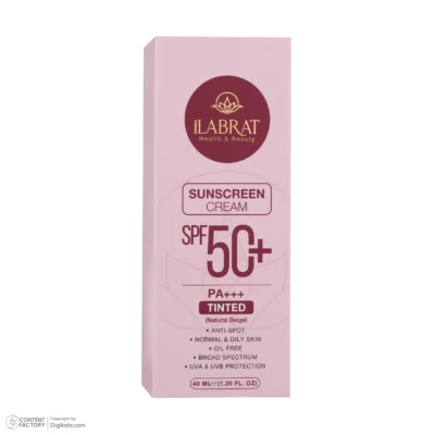 نمای کناری کرم ضدآفتاب رنگی ایلابرت +SPF۵۰ مدل ضدلک natural beige، مناسب پوست های چرب و معمولی، حجم ۴۰ میلی لیتر اصل عمق قاب