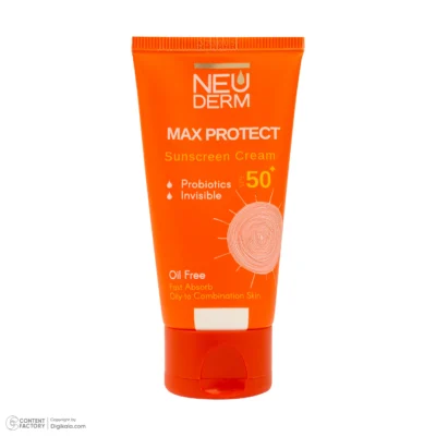 نمای کناری کرم ضد آفتاب بدون رنگ نئودرم SPF ۵۰ مدل MAX PROTECTIVE مناسب پوست های چرب و مختلط حجم ۵۰ میلی لیتر اصل عمق قاب و پ
