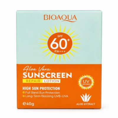نمای کناری کرم ضد آفتاب بی رنگ صورت بایو آکوا SPF 60 مدل Aloe Vera مناسب برای انواع پوست حجم 40 میلی لیتر عمق قاب و پروفایل