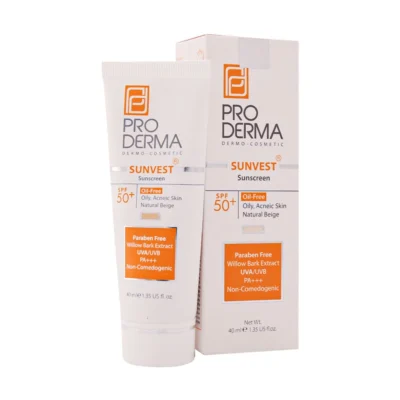 نمای کناری کرم ضد آفتاب رنگی پرودرما SPF ۵۰ مدلOF-NB محافظ UVA ،UVB و PA+++،ضد جوش،مناسب انواع پوست حجم ۴۰ میلی لیتر اصل عمق