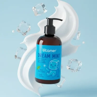 نمای کناری کرم آبرسان و مرطوب کننده بدن ویتامر مدل Dream Mint مناسب برای انواع پوست حجم 250 میلی لیتر عمق قاب و پروفایل