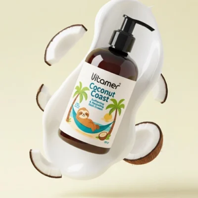 نمای کناری کرم مرطوب کننده و آبرسان بدن ویتامر مدل Coconut Coast مناسب برای انواع پوست حجم ۲۵۰ میلی لیتر عمق قاب و پروفایل