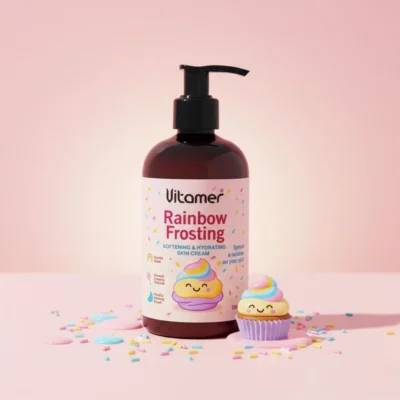 نمای کناری کرم مرطوب کننده و آبرسان بدن ویتامر مدل Rainbow Frosting برای انواع پوست حجم 250 میلی لیتر عمق قاب و پروفایل