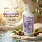 نمای بسته بندی کرم آبرسان هرمودر مدل JOJOBA OIL مناسب پوست خشک و حساس حجم 300 میلی لیتر جزئیات برچسب و پرداخت بسته