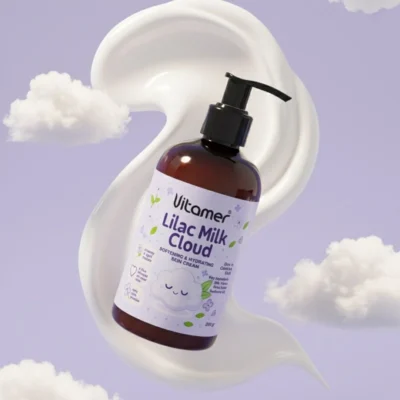 نمای کناری کرم آبرسان و مرطوب کننده بدن ویتامر مدل Lilac Milk مناسب برای انواع پوست حجم 250 میلی لیتر عمق قاب و پروفایل