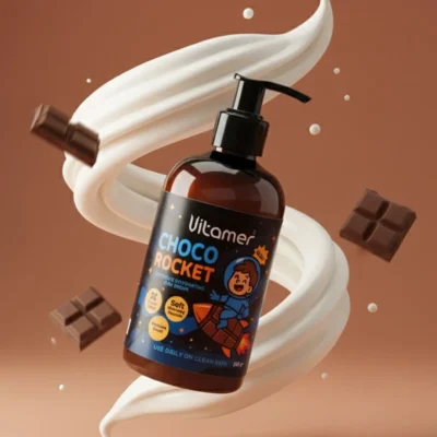 نمای کناری کرم مرطوب کننده و آبرسان بدن ویتامر مدل Choco Rocket برای انواع پوست حجم 250 میلی لیتر عمق قاب و پروفایل