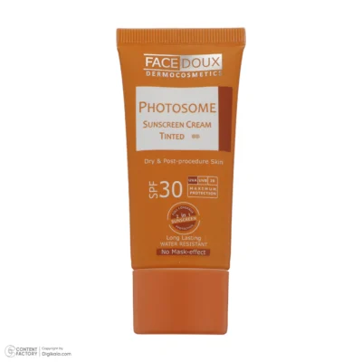 نمای کناری کرم ضد آفتاب رنگی فیس دوکس SPF ۳۰ مدل photosome ۰۲ محافظ اشعه UVA و UVB، آب، مناسب پوست های خشک حجم ۴۰ میلی لیتر ا