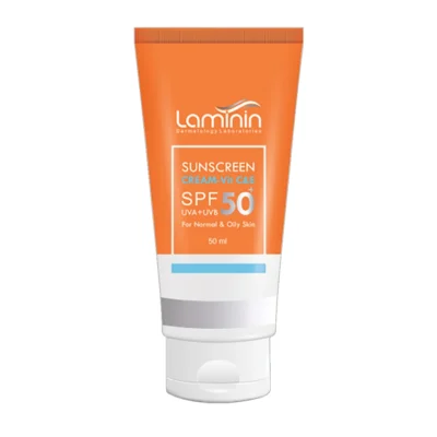 نمای کناری کرم ضد آفتاب بی رنگ لامینین SPF 50 مدل ویتامینه مناسب پوست چرب و معمولی حجم 50 میلی لیتر عمق قاب و پروفایل