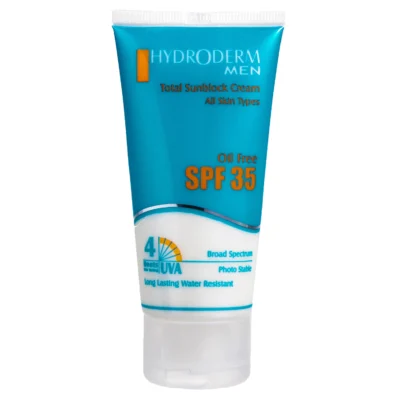 نمای کناری کرم ضد آفتاب فاقد چربی هیدرودرم مدل Men SPF۳۵ وزن ۵۰ گرم اصل عمق قاب و پروفایل