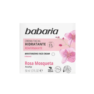 نمای بسته بندی کرم آبرسان صورت و گردن باباریا مدل Rosa Mosqueta مناسب برای انواع پوست حجم ۵۰ میلی لیتر اصل برچسب و بسته بندی