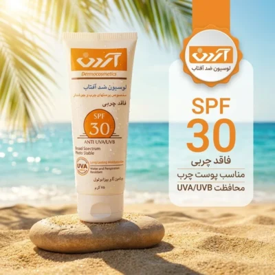نمای کناری لوسیون ضد آفتاب بی رنگ آردن SPF 30 مدل Vitamin E مناسب پوست چرب حجم 70 میلی لیتر عمق قاب و پروفایل