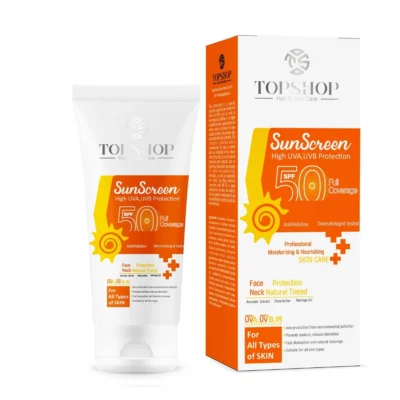 نمای کناری کرم ضد آفتاب بی رنگ تاپ شاپ مدل SPF 50 مناسب پوست حجم 50 میلی لیتر عمق قاب و پروفایل