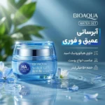 نمای بسته بندی کرم آبرسان بایو آکوا مدل هیالورنیک اسید کلاژن مناسب انواع پوست حجم ۵۰ میلی لیتر اصل برچسب و بسته بندی