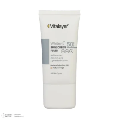 نمای کناری فلوئید ضدآفتاب رنگی ویتالیر SPF 50 مدل Whitevit مناسب برای انواع پوست حجم 50 میلی لیتر عمق قاب و پروفایل