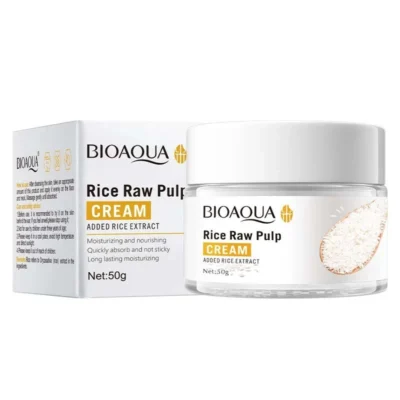 نمای بسته بندی کرم مرطوب کننده بایوآکوا مدل Rice Raw با حجم 50 میلی لیتر برچسب و بسته بندی
