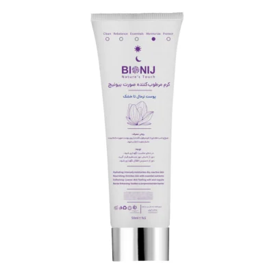 نمای بسته بندی کرم مرطوب کننده صورت بیونیج مدل prebiotic برای پوست معمولی تا خشک حجم 50 میلی لیتر برچسب و بسته بندی