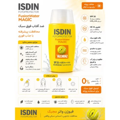 نمای کناری کرم ضد آفتاب بی رنگ صورت ایزدین SPF ۵۰ مدل Fusion Water Magic Alcaraz محافظ در برابر اشعه UVA و UVB مناسب برای انو