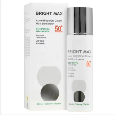 نمای کناری ژل کرم ضدآفتاب بی رنگ صورت برایت مکس SPF۵۰ مدل Acne Bright مناسب برای پوست چرب و مختلط حجم ۵۰ میلی لیتر اصل عمق قا