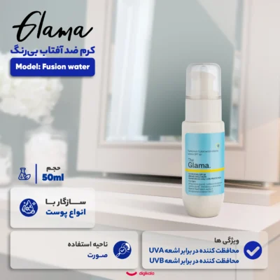 نمای کناری کرم ضد آفتاب بی رنگ گلاما SPF 50 مدل Fusion water مناسب برای انواع پوست حجم 50 میلی لیتر عمق قاب و پروفایل