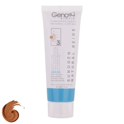 نمای کناری کرم ضدآفتاب رنگی ژنوبایوتیک SPF۵۰ مدل NBD۳، مناسب پوست های خشک و معمولی، حجم ۵۰ میلی لیتر اصل عمق قاب و پروفایل