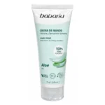 نمای بسته بندی کرم مرطوب کننده دست باباریا مدل Aloe مناسب برای پوست های مختلف حجم 75 میلی لیتر برچسب و بسته بندی