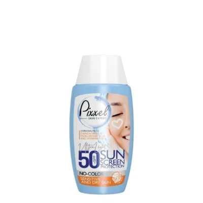 نمای کناری کرم ضدآفتاب بی رنگ پیکسل، با SPF۵۰، مدل Sensitive، حاوی محافظ UVA ،UVB و +++PA، فاقد گلیسیرین، ویتامین E B+، مناسب