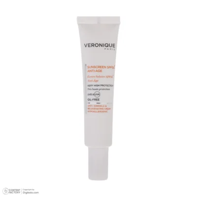نمای کناری کرم ضد آفتاب بدون رنگ ورونیک SPF۵۰ مدل Anti Age محافظ UVA ،UVB، مناسب پوست چرب حجم ۴۰ میلی لیتر اصل عمق قاب و پروف
