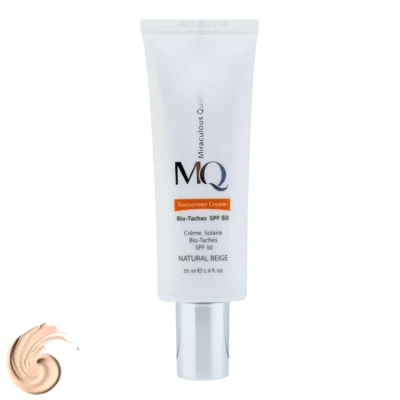 نمای کناری کرم ضدآفتاب رنگی ام کیو SPF۵۰ مدل NATURAL BEIGE BIO TACHES مناسب انواع پوست، حجم ۵۵ میلی لیتر اصل عمق قاب و پروفای