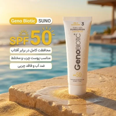 نمای بسته بندی کرم ضدآفتاب رنگی ژنوبایوتیک SPF ۵۰ مدل SUNO محافظ UVA ،UVB، مناسب پوست های چرب، حجم ۵۰ میلی لیتر اصل جزئیات بر
