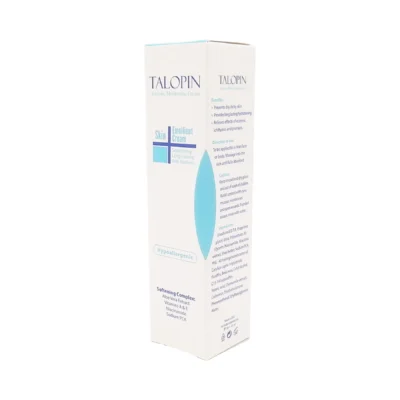 نمای بسته بندی کرم مرطوب کننده تالوپین مدل Skin Emollient حجم ۴۰ میلی لیتر برچسب و بسته بندی