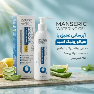 نمای بسته بندی ژل آبرسان مانسریک مدل Vit C با حجم 250 میلی لیتر برچسب و بسته بندی