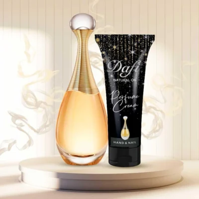 نمای بسته بندی کرم مرطوب کننده دافی مدل perfume cream حجم 75 میلی لیتر بسته 5 عددی جزئیات برچسب و پرداخت بسته