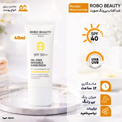 نمای کناری کرم ضد آفتاب بی رنگ صورت روبو بیوتی SPF ۵۰ مدل Niacinamide محافظ UVA،UVB مناسب برای انواع پوست حجم ۴۰ میلی لیتر اص