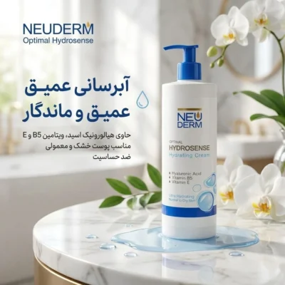 نمای بسته بندی کرم مرطوب کننده دست، صورت و گردن نئودرم مدل Optimal Hydrosense مناسب برای پوست خشک معمولی حجم ۴۵۰ میلی لیتر اص