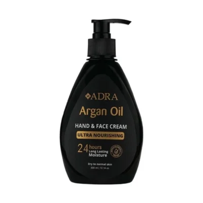 نمای بسته بندی کرم مرطوب کننده دست و صورت آدرا مدل ARGAN مناسب برای انواع پوست حجم ۳۰۰ میلی لیتر برچسب و بسته بندی
