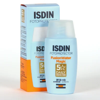 نمای کناری فلوئید ضدآفتاب بدون رنگ ایزدین SPF۵۰ مدل Fusion Water Magic مناسب انواع پوست، حجم ۵۰ میلی لیتر اصل عمق قاب و پروفا