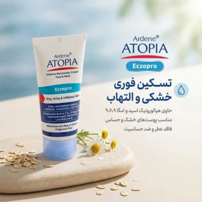 نمای بسته بندی کرم مرطوب کننده آردن آتوپیا مدل ECZOPRO حجم ۵۰ میلی لیتر برچسب و بسته بندی