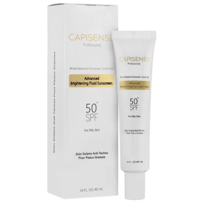 نمای کناری فلوئید ضد آفتاب بدون رنگ کپیسنس SPF 50 مدل BRI-O مناسب پوست چرب حجم 40 میلی لیتر عمق قاب و پروفایل