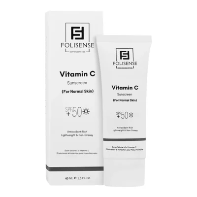 نمای کناری کرم ضد آفتاب بی رنگ صورت فولیسنس SPF ۵۰ مدل Vitamin C محافظ در برابر UVA/UVB مناسب برای انواع پوست حجم ۴۰ میلی لیت