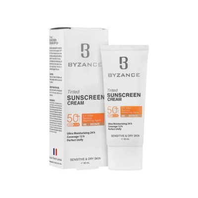 نمای کناری کرم ضد آفتاب رنگی صورت بیزانس SPF 50 مدل Bronze حجم 40 میلی لیتر عمق قاب و پروفایل
