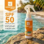 نمای کناری اسپری ضد آفتاب بی رنگ صورت و گردن دست مای SPF ۵۰ مدل آلوئه ورا محافظ UVA ،UVB مناسب برای انواع پوست حجم ۱۰۰ میلی ل